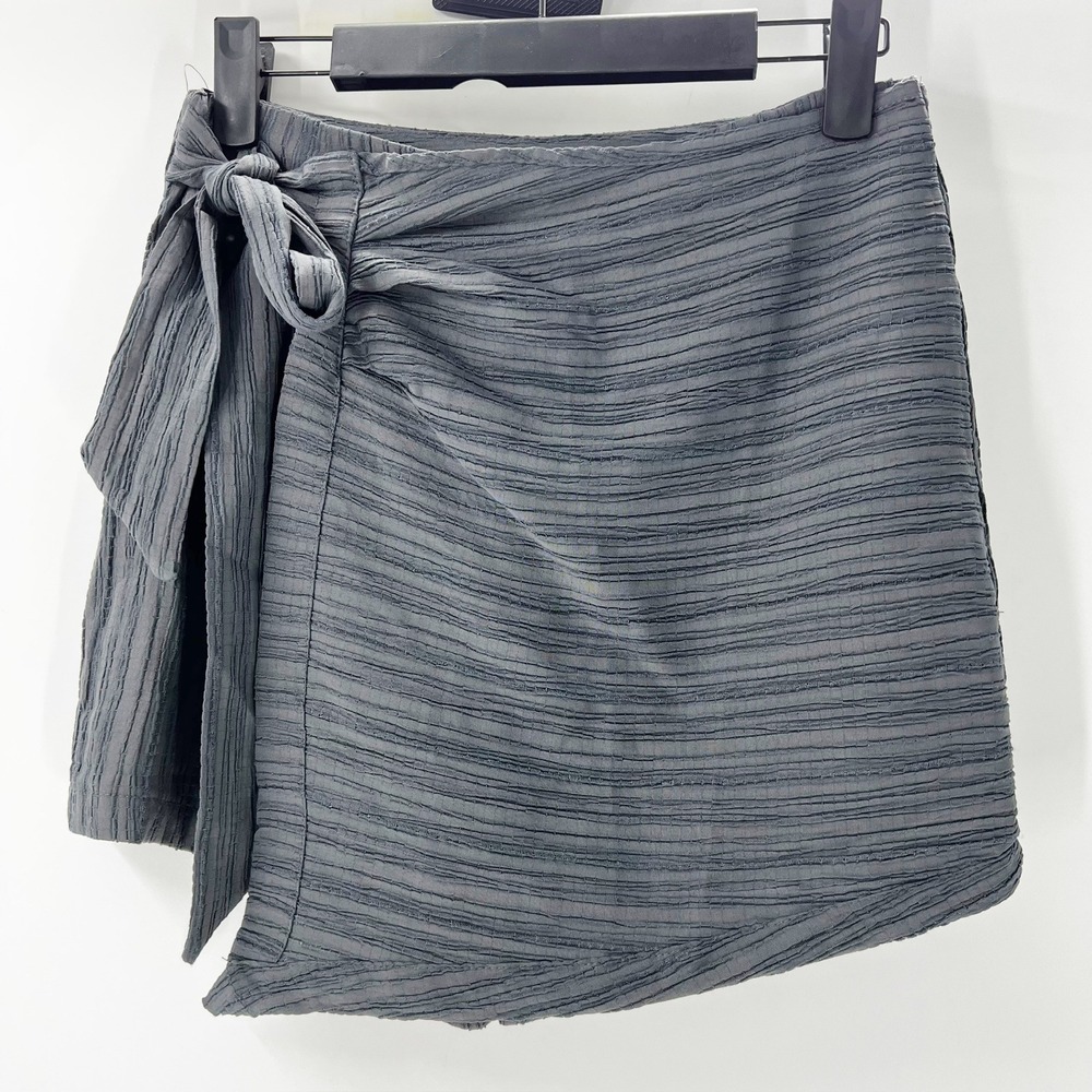 Gray Pleated‎ Wrap Mini Skirt Tie Waist Textured Casual Women's